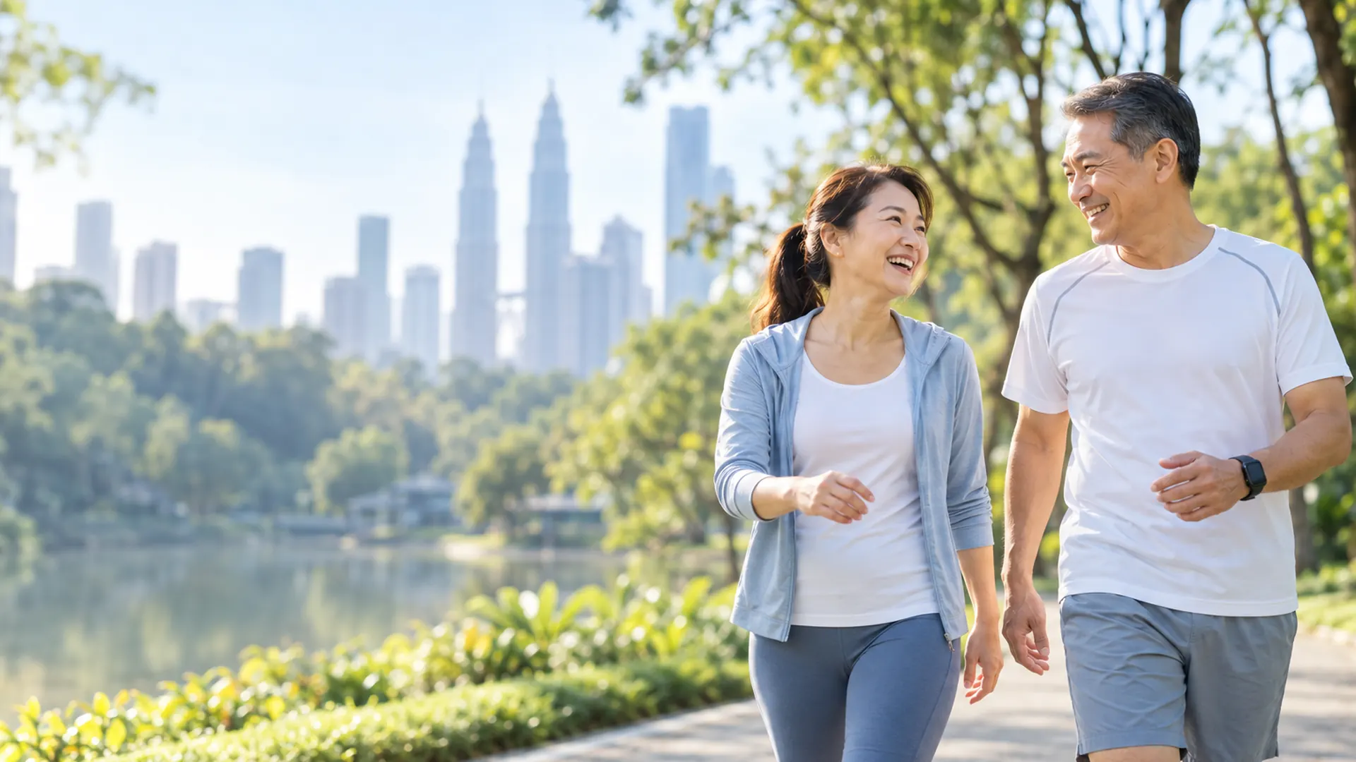 Healthy middle-aged Malaysian couple walking in a Kuala Lumpur park, enjoying an active lifestyle