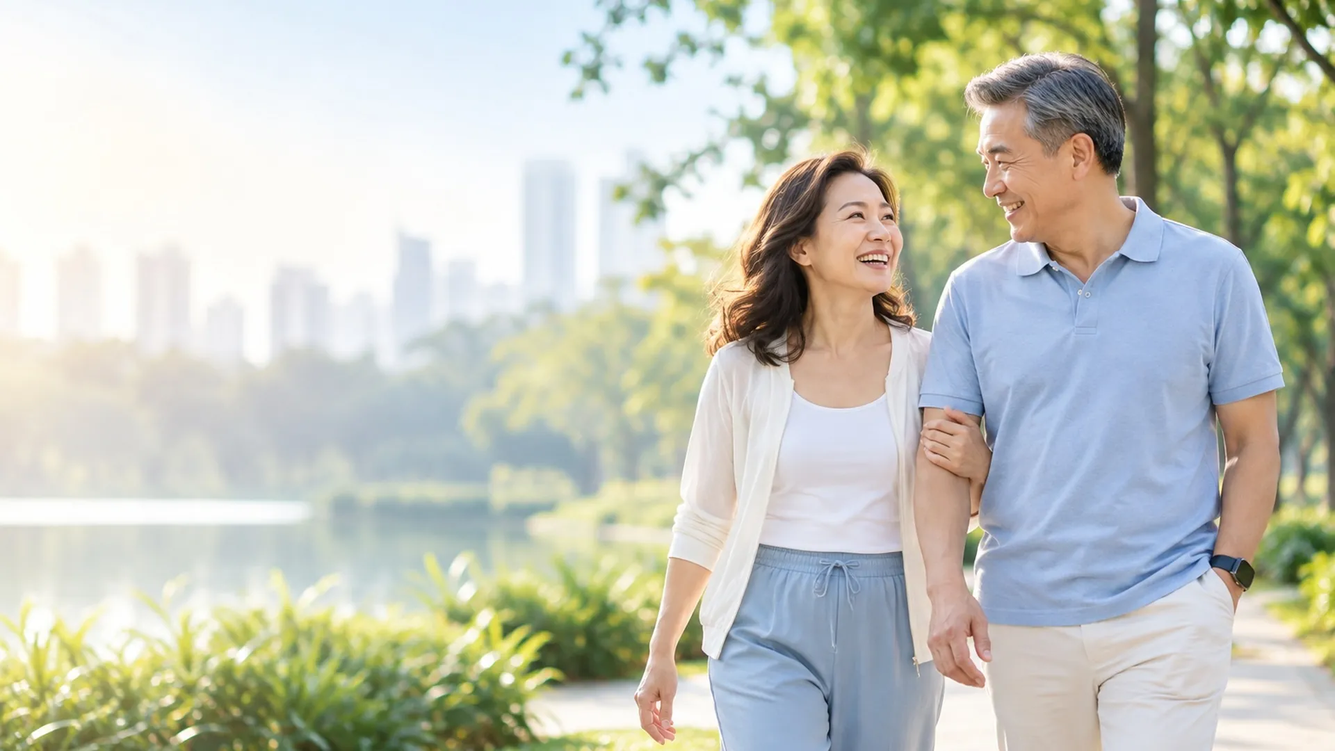 Healthy middle-aged Malaysian couple walking together and smiling