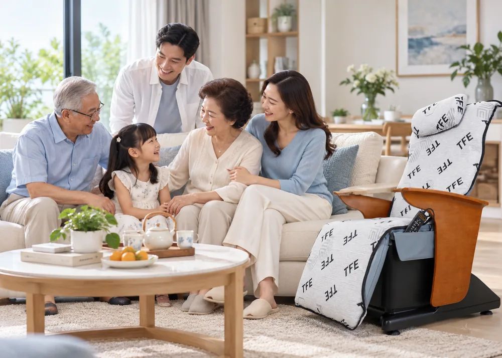 Family spending time together in a living room with the GA Rhythmic Wellness Chair