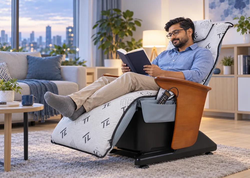 Man reading a book while relaxing in the GA Rhythmic Wellness Chair after work