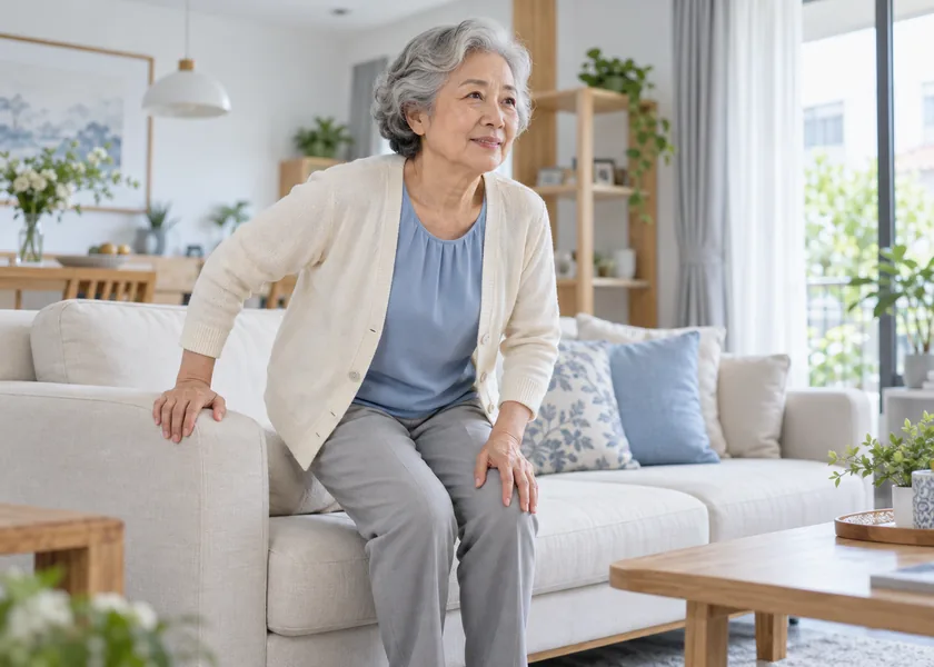 Older adult with stiff joints rising slowly from a sofa