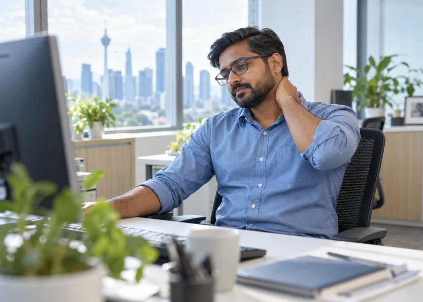 Tired office worker rubbing their neck after long hours at the computer