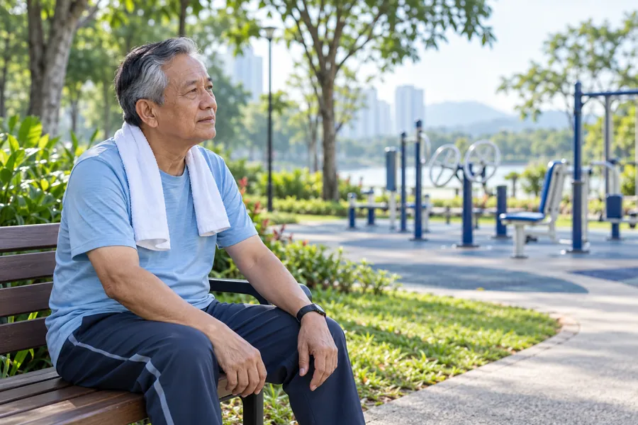 Older adult resting on a park bench after a walk