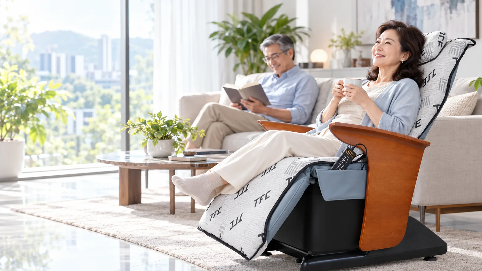 Woman relaxing in the GA Rhythmic Wellness Chair at home while her husband reads nearby