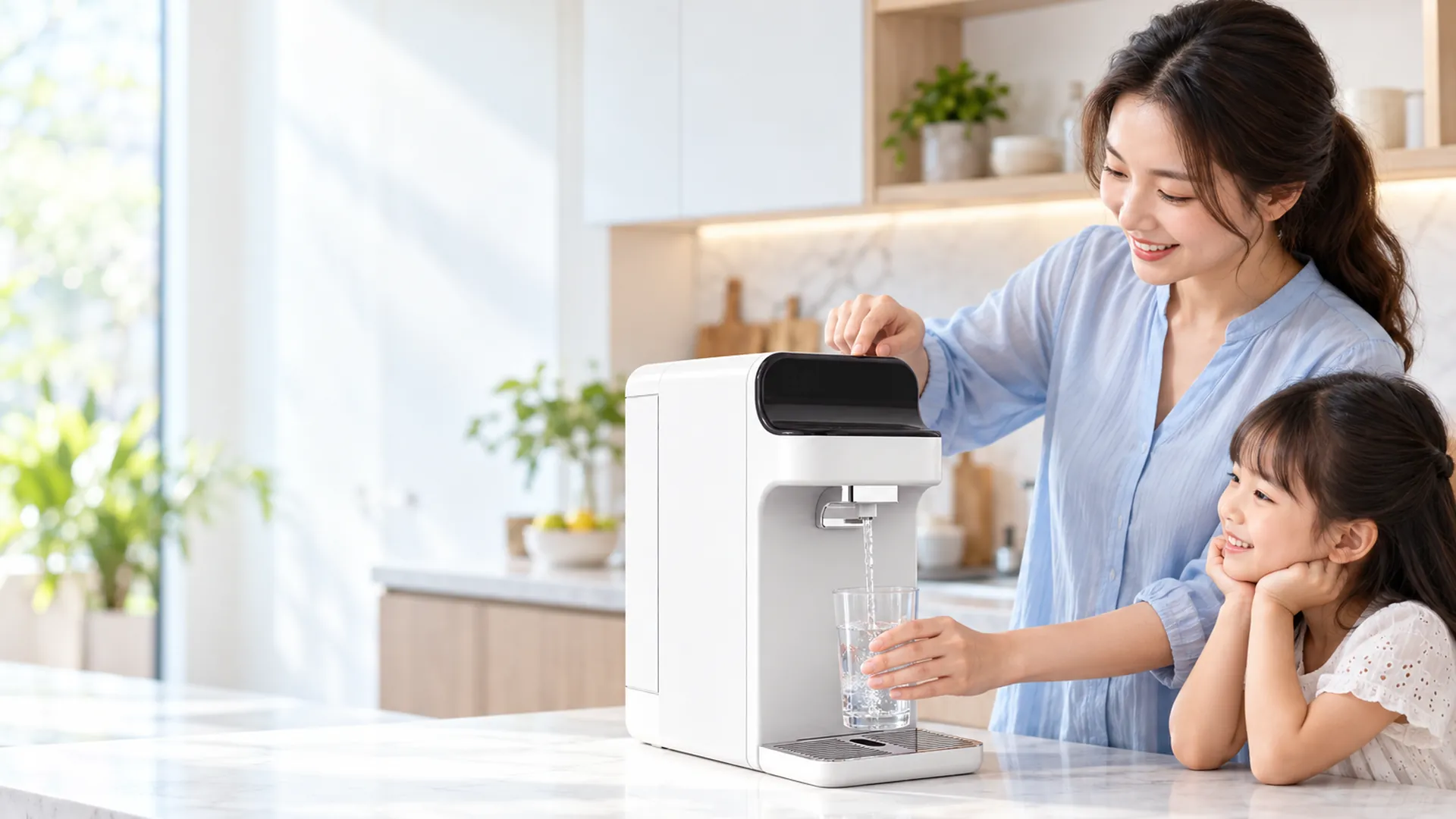 Malaysian family in a modern kitchen pouring hydrogen-rich water from the YSR-QS01 hydrogen water machine