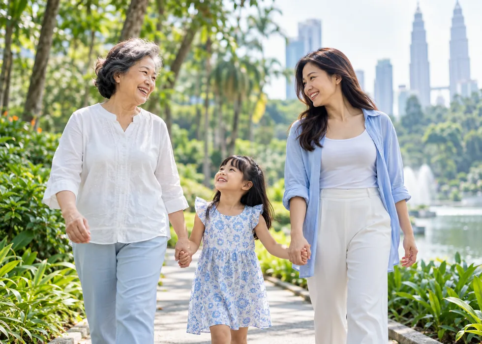 Grandmother walking happily in a park with her daughter and grandchild