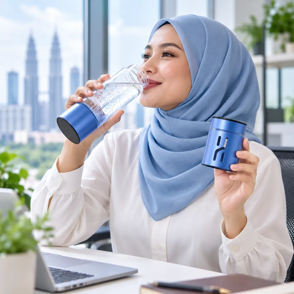 Woman drinking hydrogen-rich water from the YSR-B320M tumbler at the office